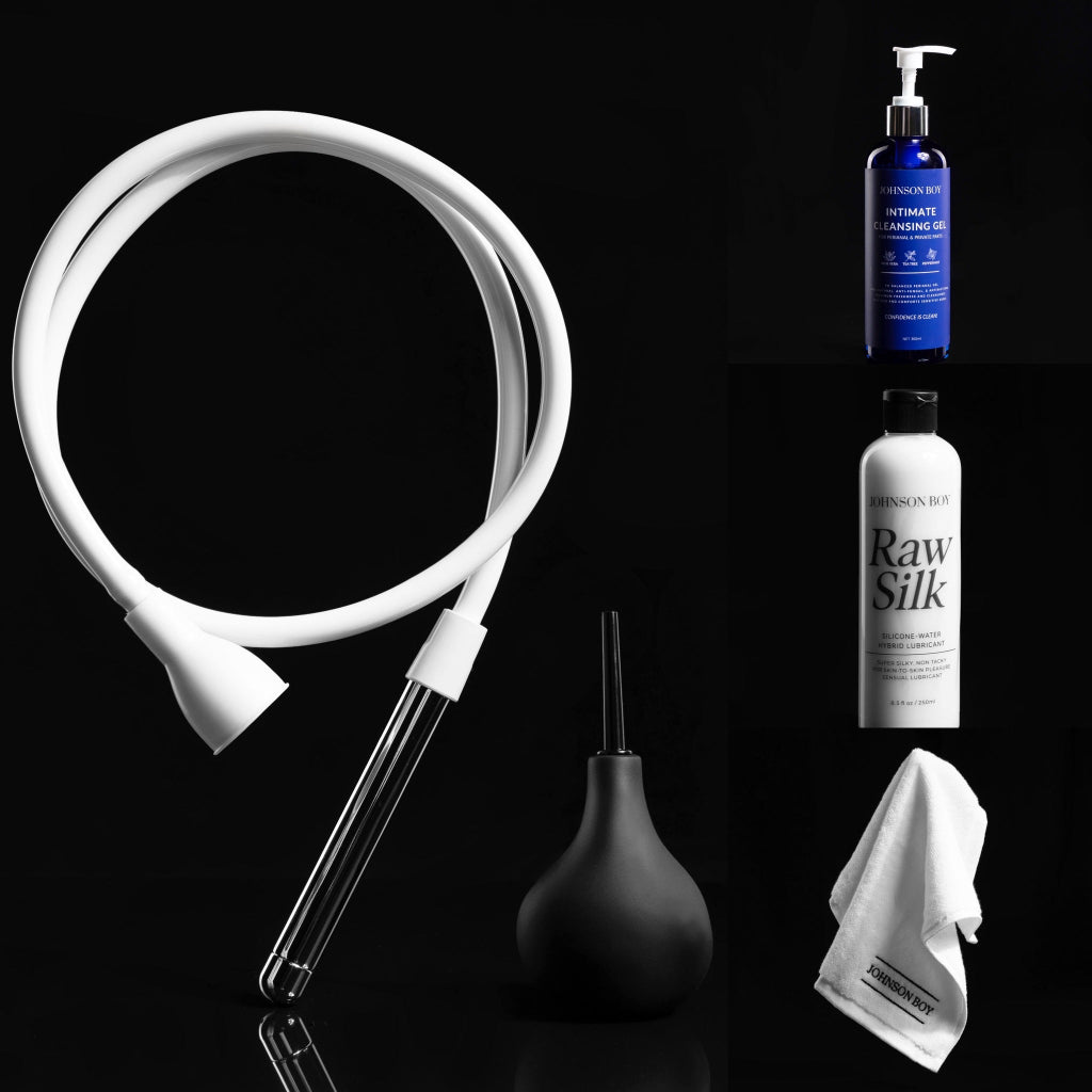 Complete intimate routine kit showing douche kit, cleansing gel, lubricant and towels