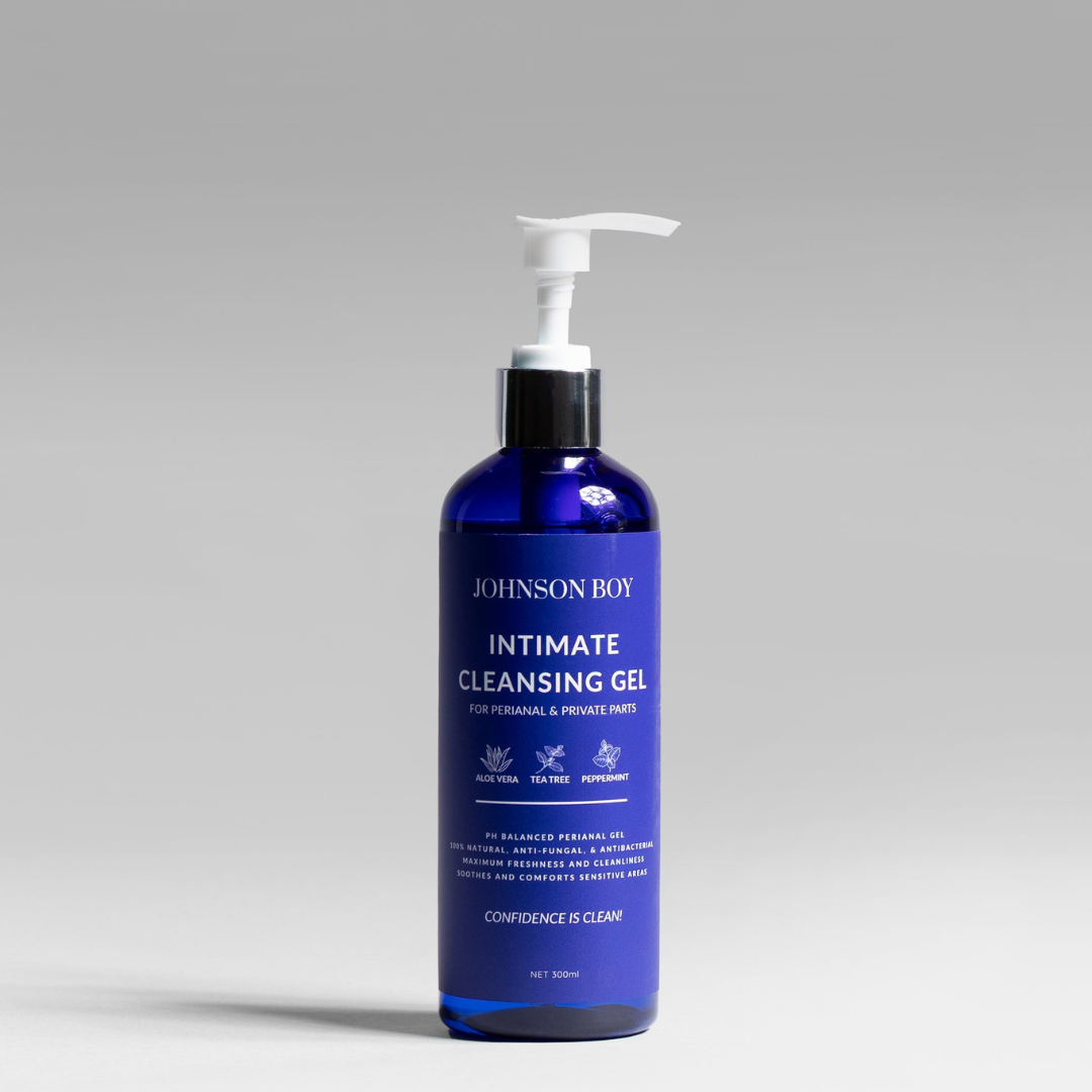 Johnson Boy intimate cleansing gel bottle on neutral background