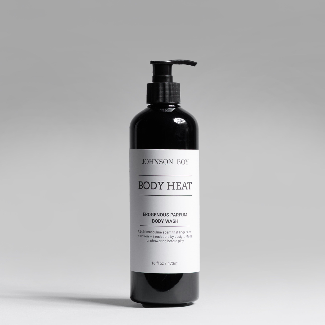 Body Heat parfum body wash bottle on neutral background